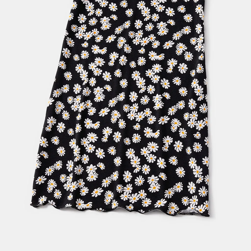 Allover Floral Print Black V Neck Dress for Mom and Me