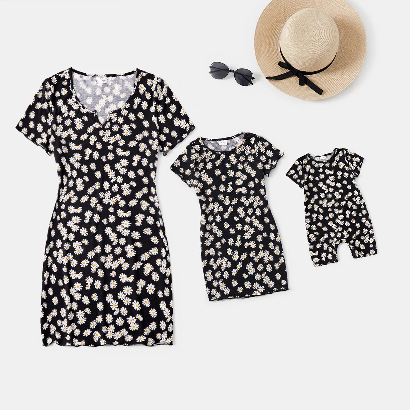 Allover Floral Print Black V Neck Dress for Mom and Me