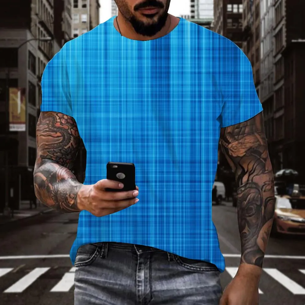 Blue gradient irregular plaid tshirts tee top special texture art costume men different Cool