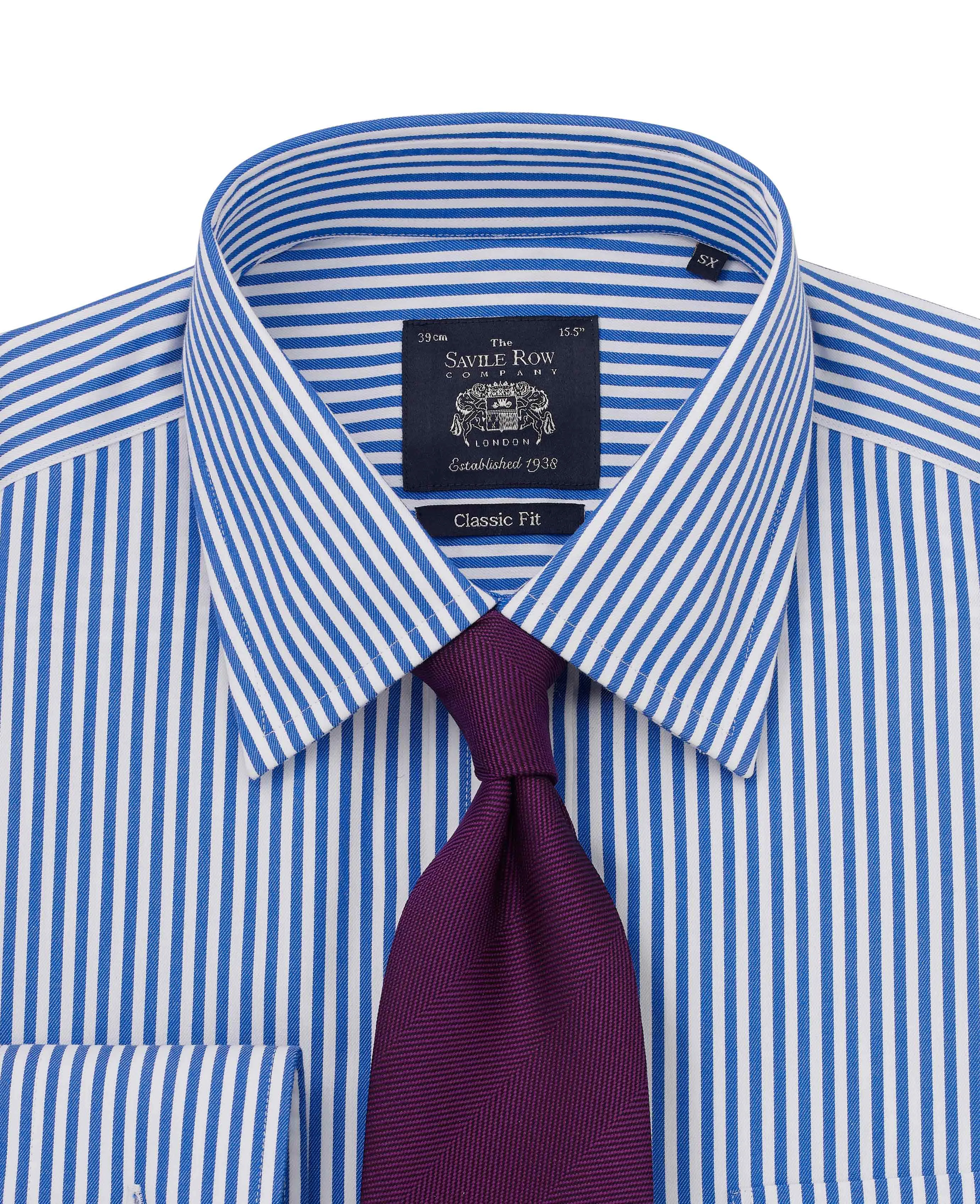 Blue Twill Stripe Classic Fit Non-Iron Formal Shirt - Single Cuff