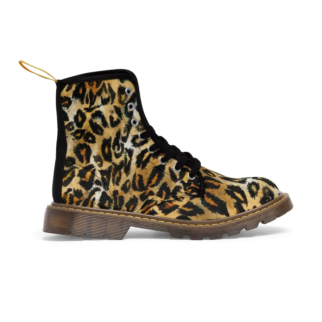 Brown Leopard Print Men Hiker Boots, Designer Animal Print Best Laced Up Men's Canvas Boots