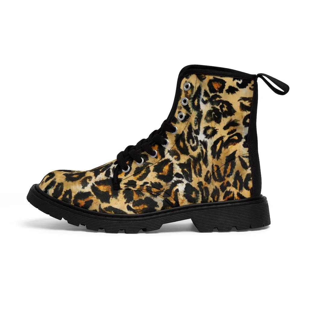 Brown Leopard Print Men Hiker Boots, Designer Animal Print Best Laced Up Men's Canvas Boots