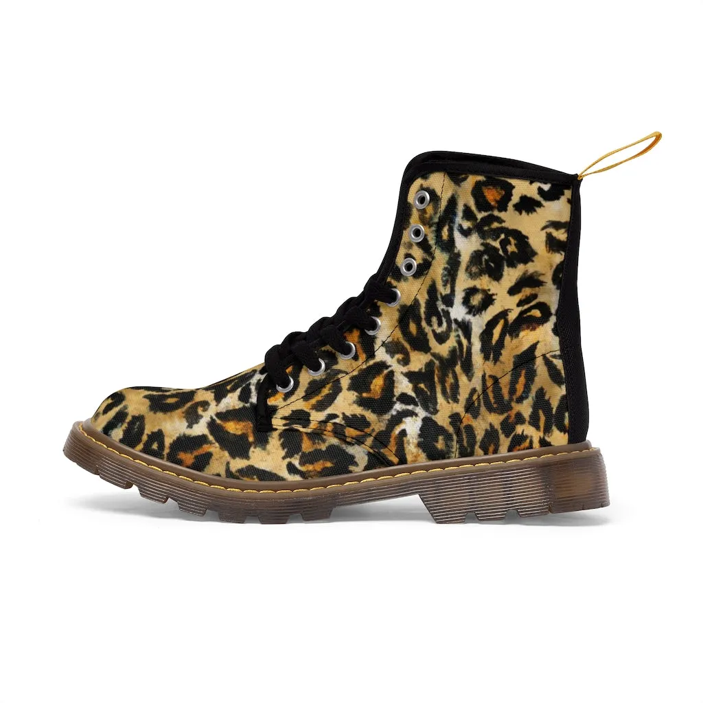 Brown Leopard Print Men Hiker Boots, Designer Animal Print Best Laced Up Men's Canvas Boots