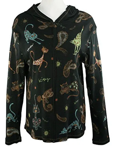 Cactus Fashion - Cat & Paisley, Long Sleeve Cotton Print Rhinestone Hoodie Top