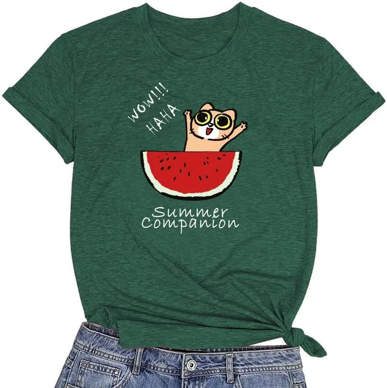 CORIRESHA Women's Funny Cat Eating Watermelon Pattern Crewneck Short Sleeve Cute T-Shirt