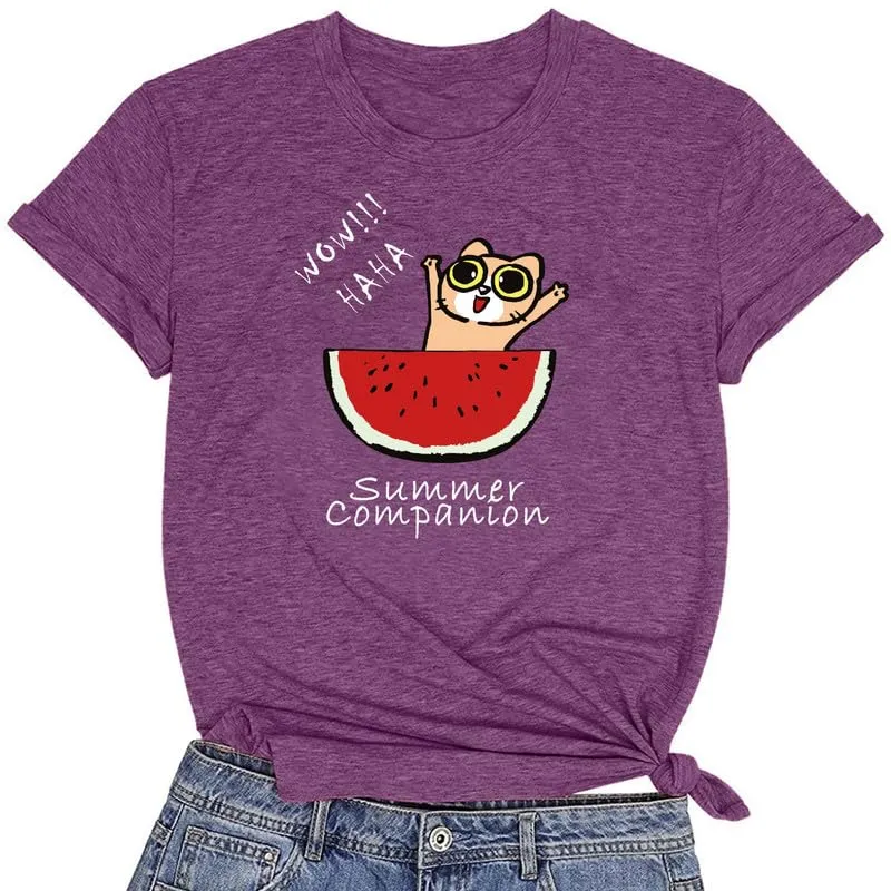 CORIRESHA Women's Funny Cat Eating Watermelon Pattern Crewneck Short Sleeve Cute T-Shirt