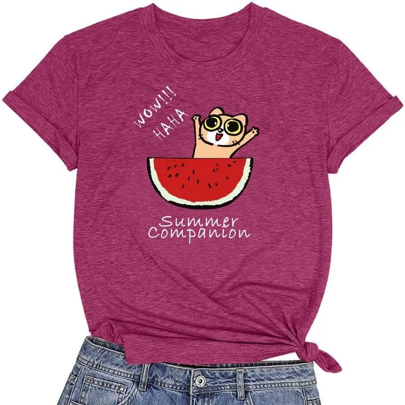 CORIRESHA Women's Funny Cat Eating Watermelon Pattern Crewneck Short Sleeve Cute T-Shirt