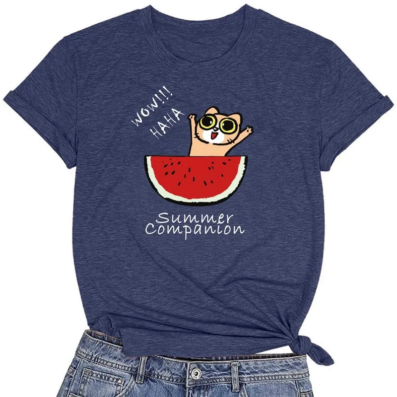 CORIRESHA Women's Funny Cat Eating Watermelon Pattern Crewneck Short Sleeve Cute T-Shirt