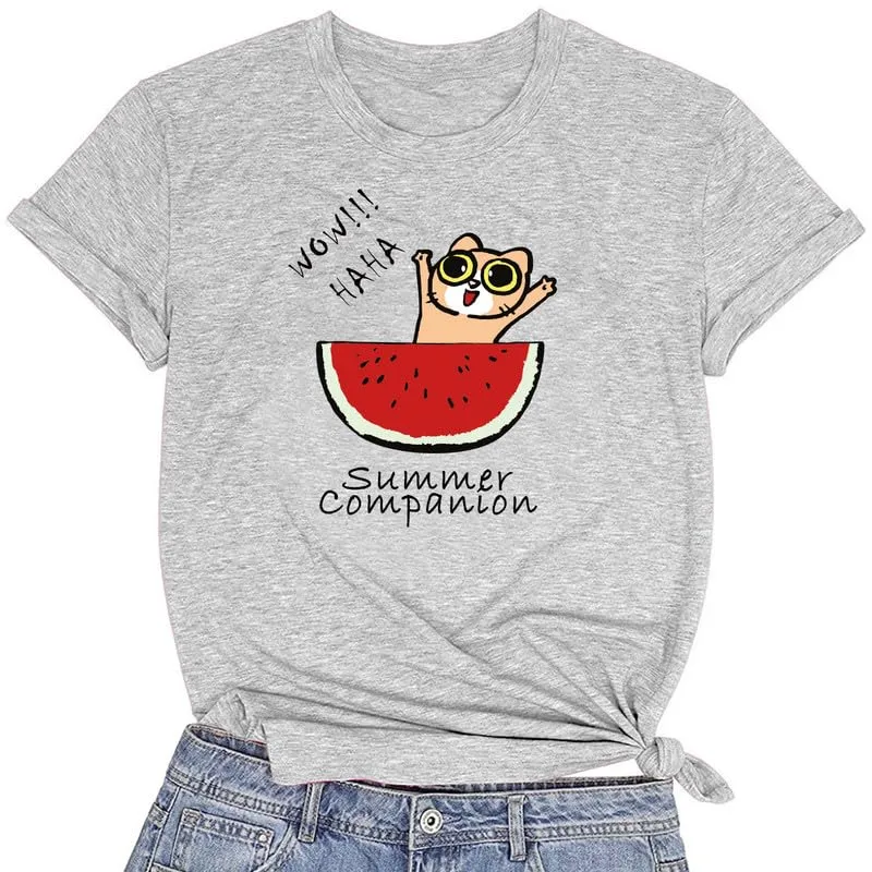 CORIRESHA Women's Funny Cat Eating Watermelon Pattern Crewneck Short Sleeve Cute T-Shirt