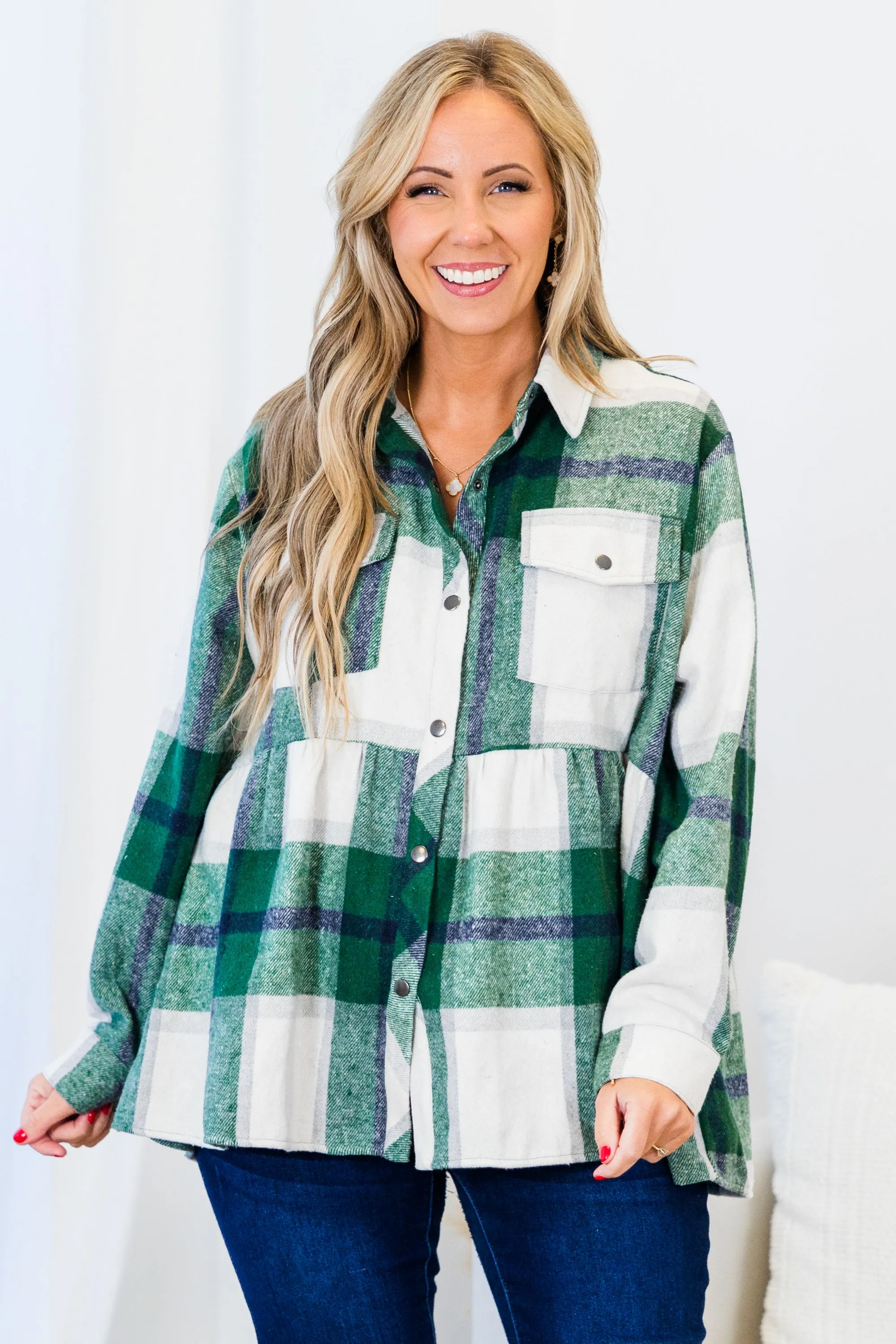 Cozy Plaid Babydoll Shacket, Green