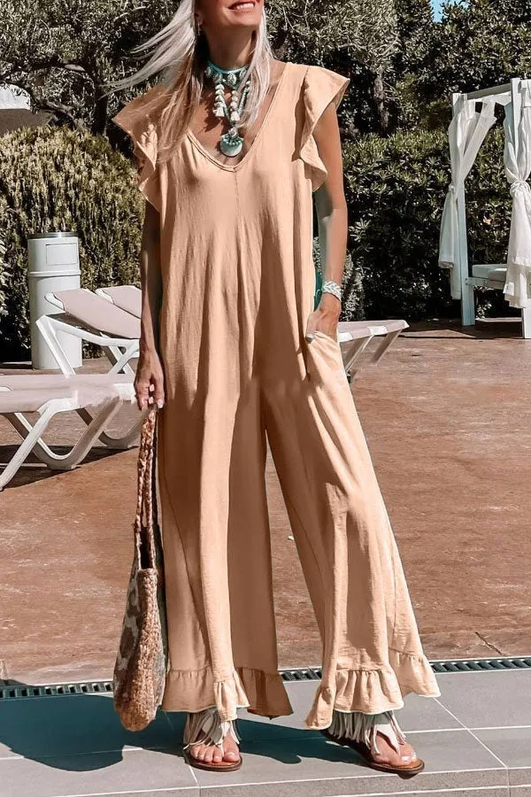 Cozy V Neck Ruffle Jumpsuit