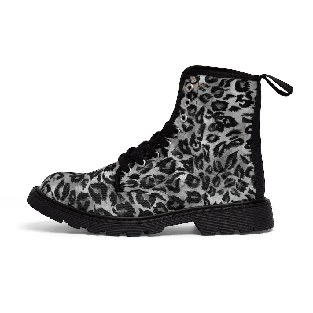 Grey Leopard Print Men Hiker Boots, Animal Print Best Laced Up Designer Men's Canvas Boots