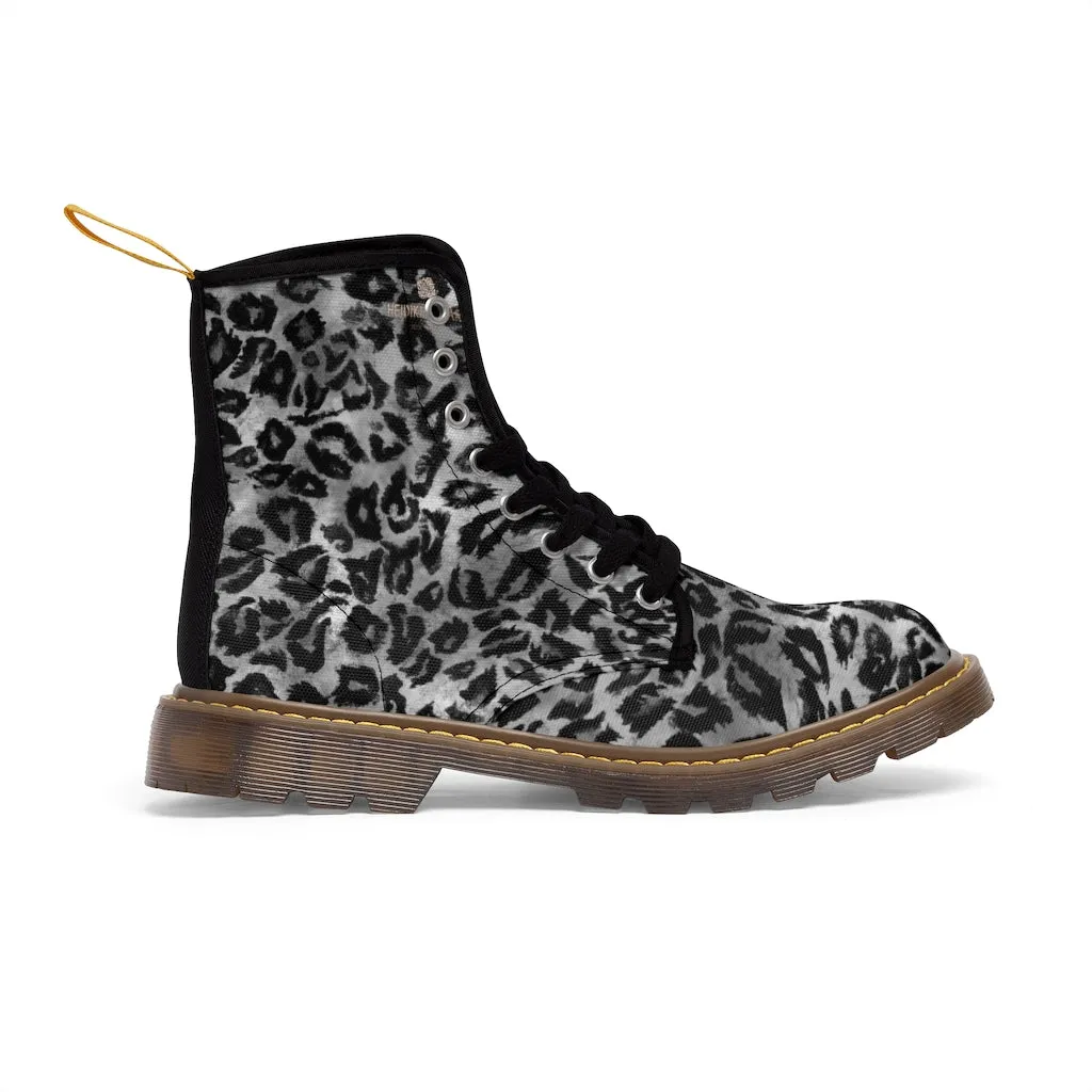 Grey Leopard Print Men Hiker Boots, Animal Print Best Laced Up Designer Men's Canvas Boots