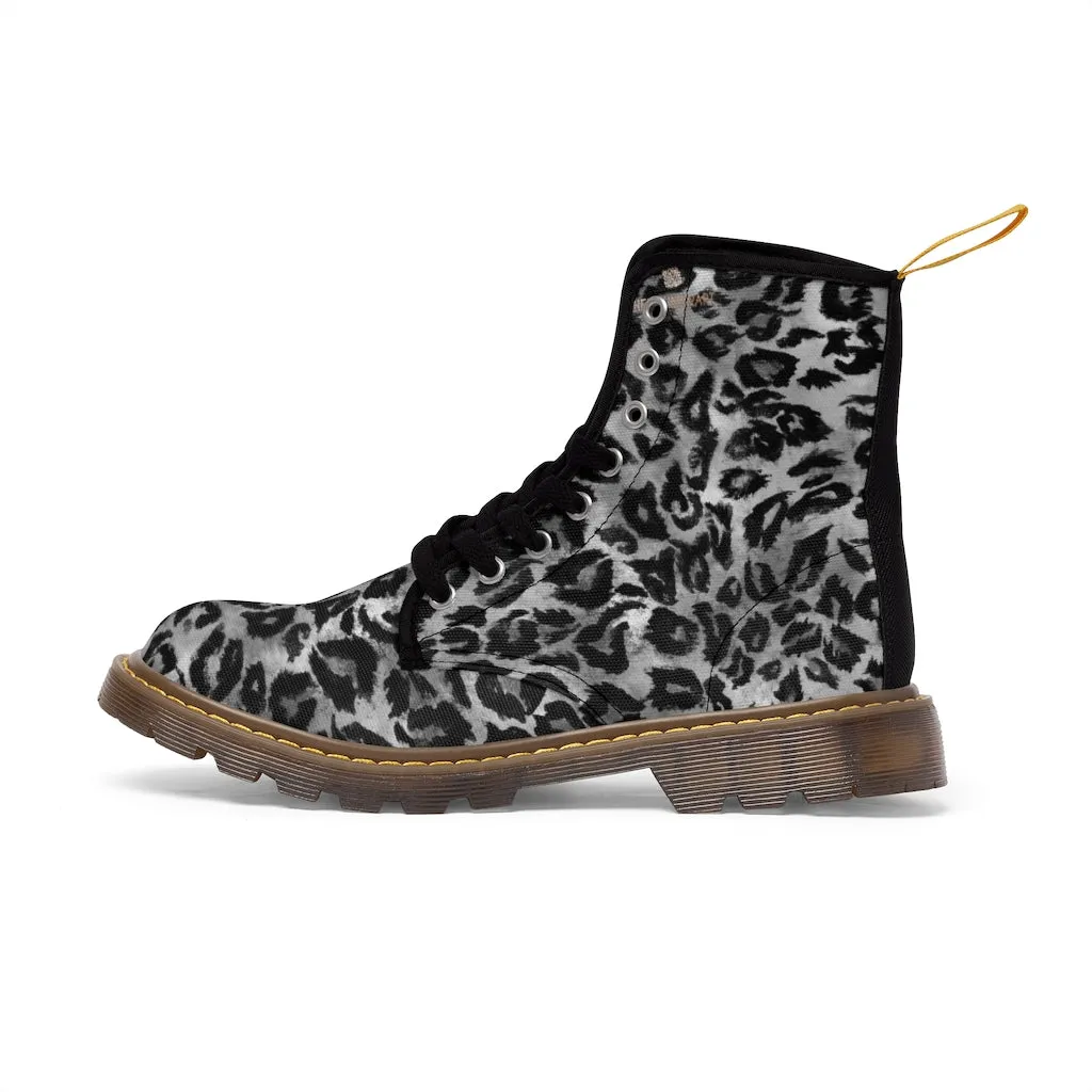 Grey Leopard Print Men Hiker Boots, Animal Print Best Laced Up Designer Men's Canvas Boots