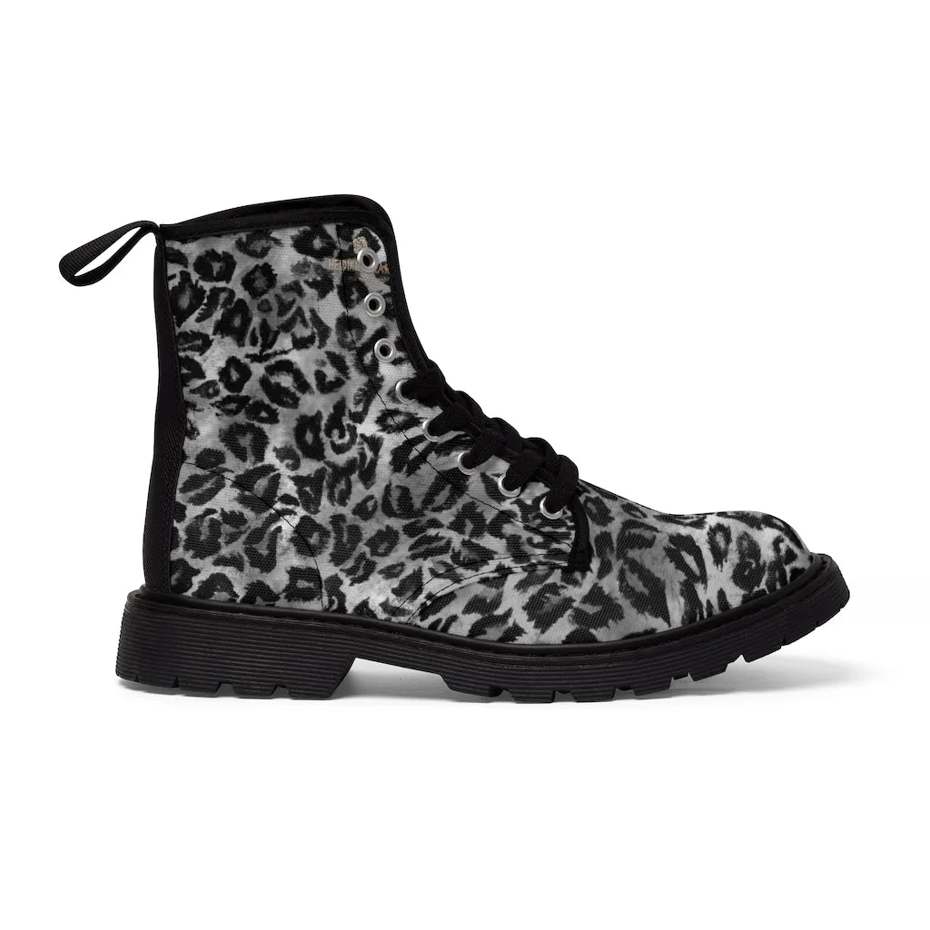 Grey Leopard Print Men Hiker Boots, Animal Print Best Laced Up Designer Men's Canvas Boots