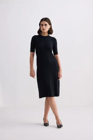 High Crew Neck Elbow Sleeves Fitted Dress in Black