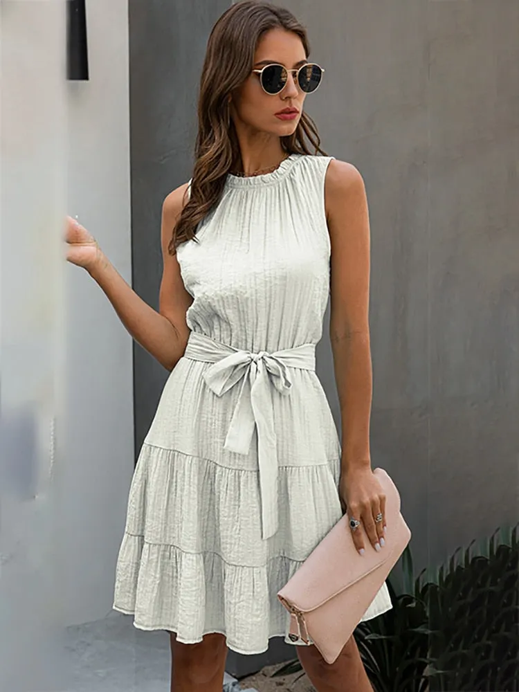 JuliaFashion - 2024  Solid Color Ruched Bow Short Party Beach Dress