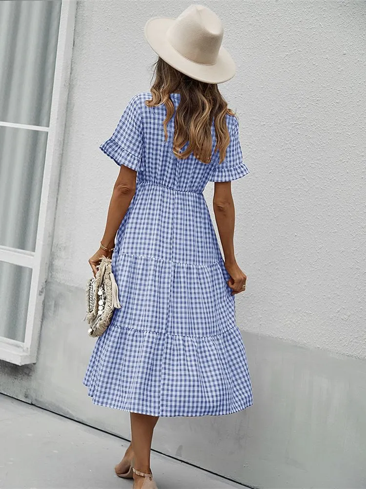 JuliaFashion - 2024 Vintage Plaid Slim Ruffles High Waist Midi Sundress