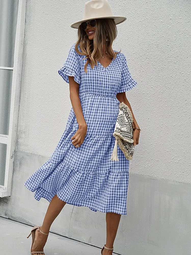 JuliaFashion - 2024 Vintage Plaid Slim Ruffles High Waist Midi Sundress