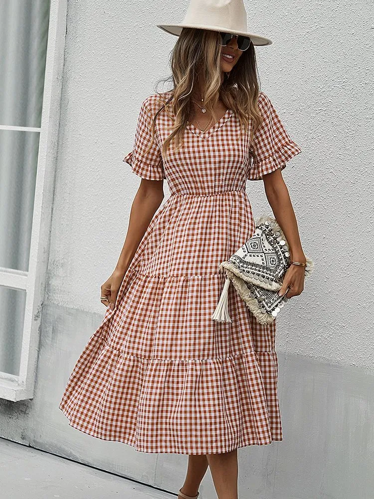 JuliaFashion - 2024 Vintage Plaid Slim Ruffles High Waist Midi Sundress