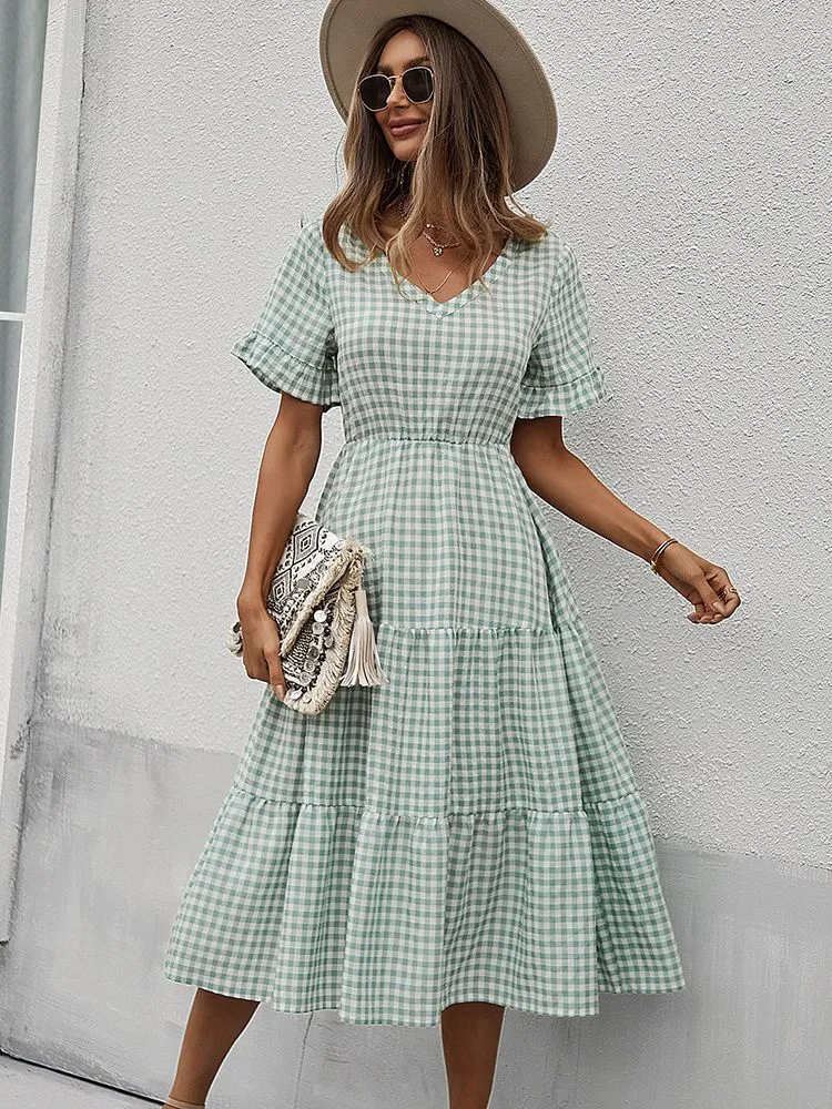 JuliaFashion - 2024 Vintage Plaid Slim Ruffles High Waist Midi Sundress