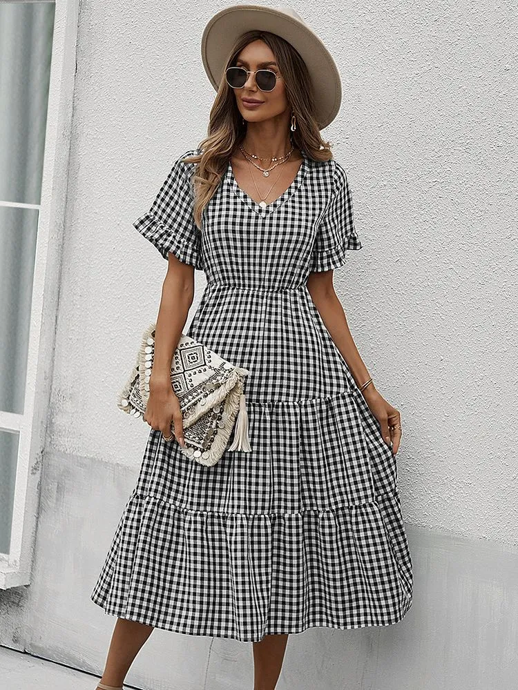 JuliaFashion - 2024 Vintage Plaid Slim Ruffles High Waist Midi Sundress