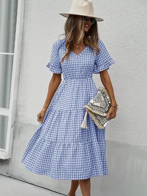 JuliaFashion - 2024 Vintage Plaid Slim Ruffles High Waist Midi Sundress