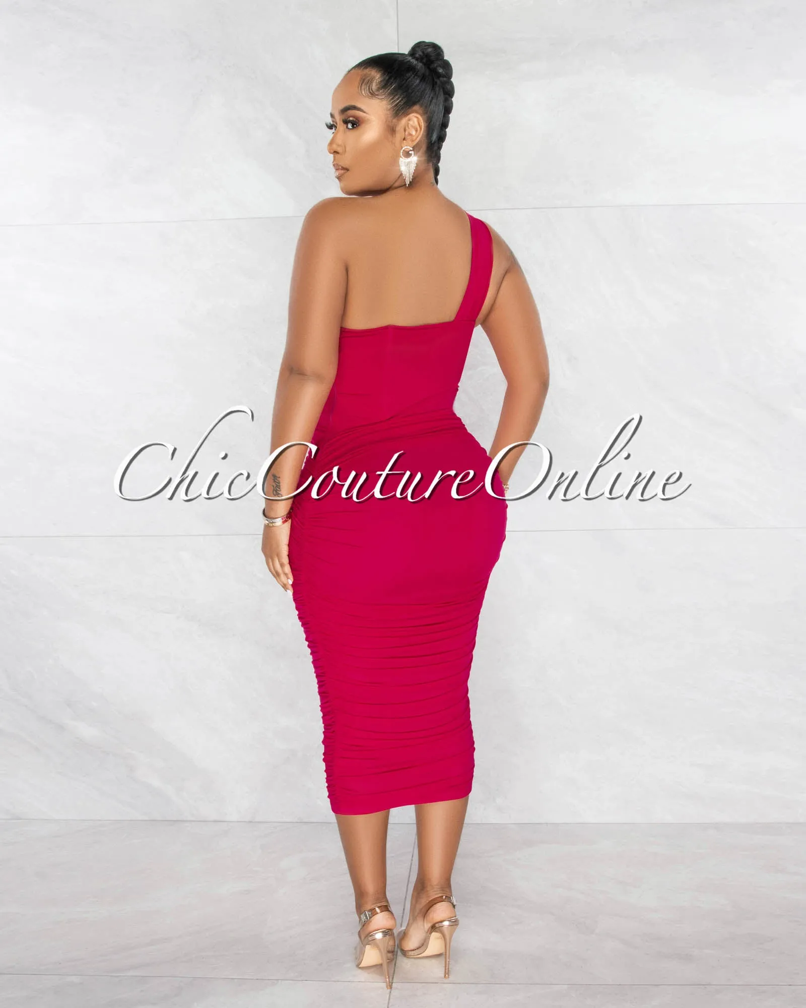 Kevina Fuchsia Mesh Drape Corset Midi Dress