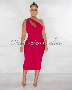 Kevina Fuchsia Mesh Drape Corset Midi Dress