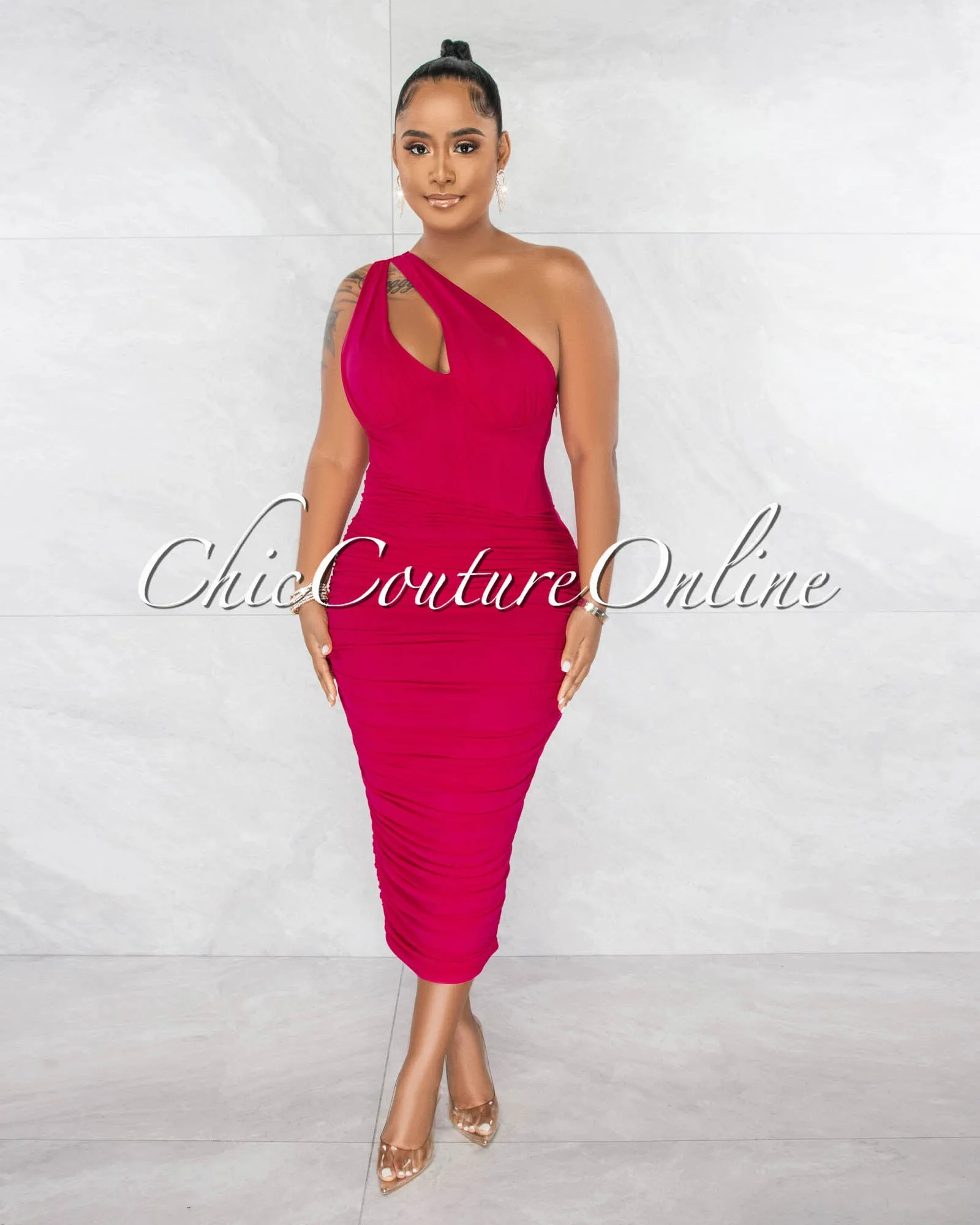 Kevina Fuchsia Mesh Drape Corset Midi Dress