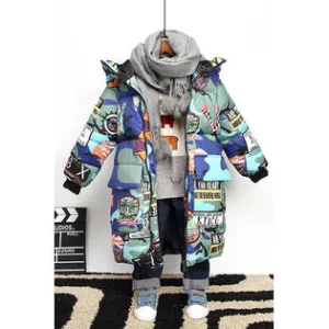 Kids Boys Letter Pattern Flap Pocket Long Sleeve Thick Cotton Wind Breaker Convenient Padded Jacket - KBPJ91862