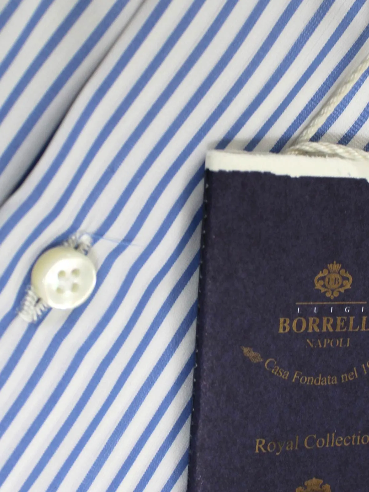 Luigi Borrelli Dress Shirt White Navy Stripes 44 - 17 1/2 ROYAL COLLECTION - SALE