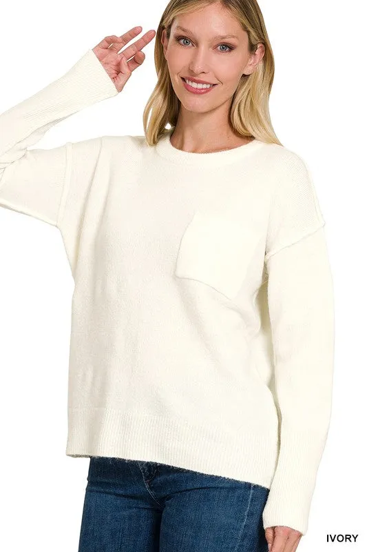 Melange Hi-Low hem Round Neck Sweater