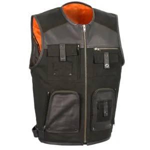 MEN'S CANVAS ZIPPER FRONT SUPER UTILITY MULTI POCKET LEATHER VEST