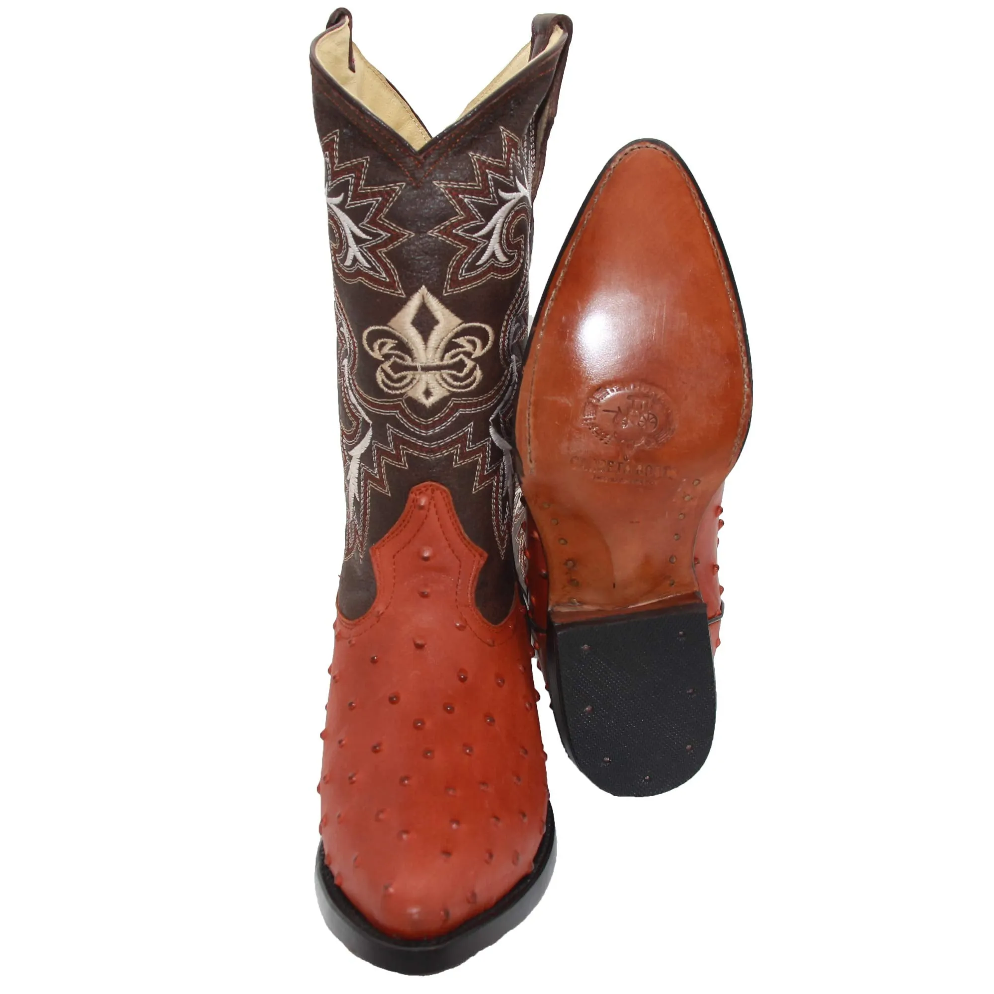 Mens Leather Ostrich Print J Toe Cowboy Boot