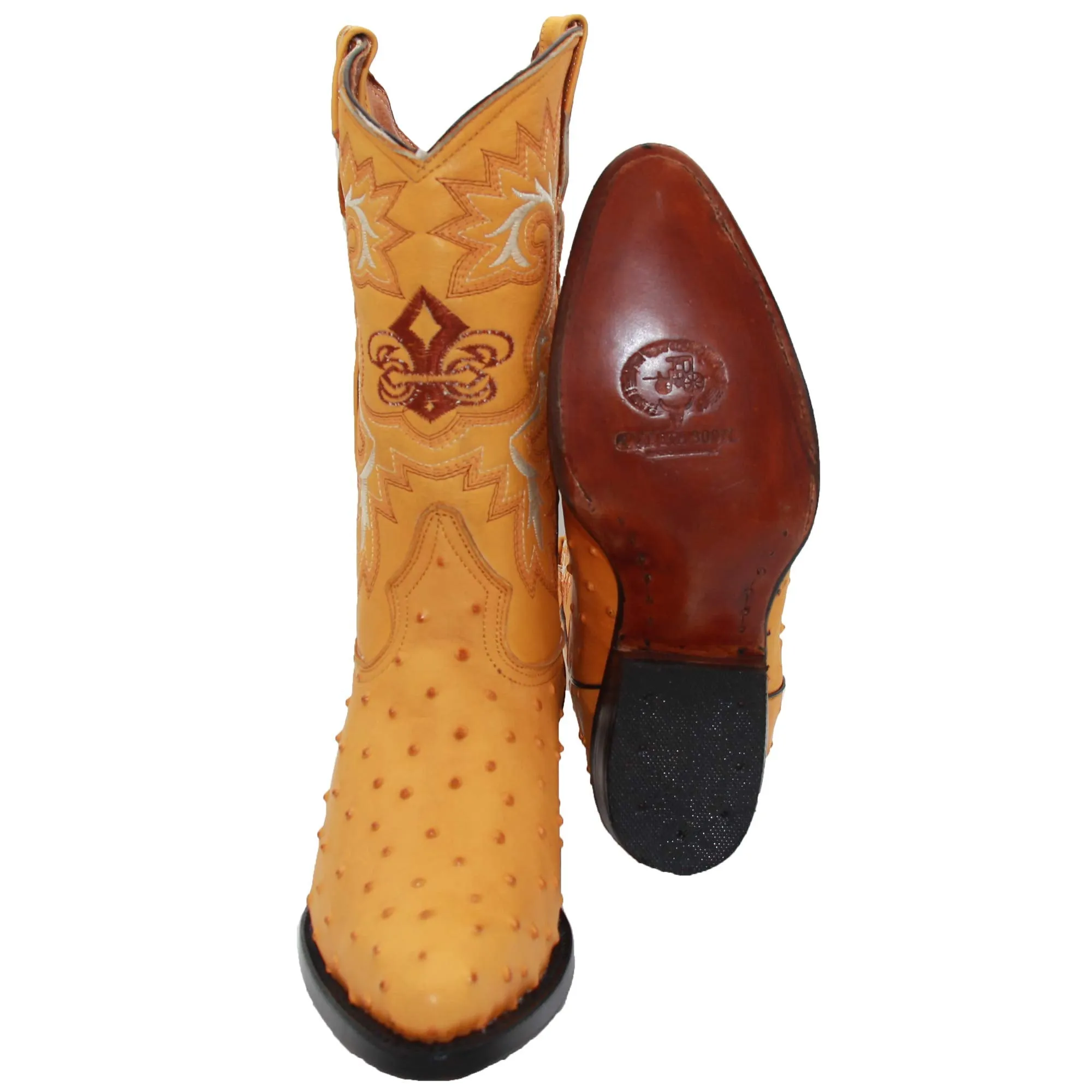 Mens Leather Ostrich Print J Toe Cowboy Boot