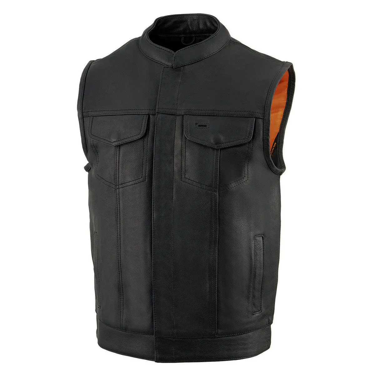 Milwaukee Leather MLM3510 Men's Black Premium Leather Club Style Vest - Dual Closure Open Neck Motorcycle Rider Vest