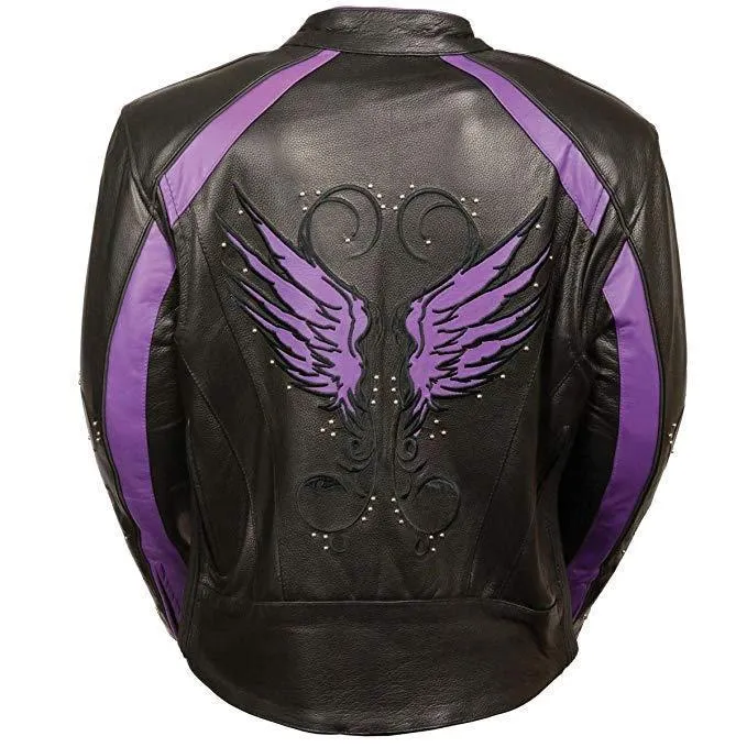 Milwaukee Leather Women's Embroidered Wing and Stud Design Black/Purple Leather Scooter Jacket with Gun Pocket