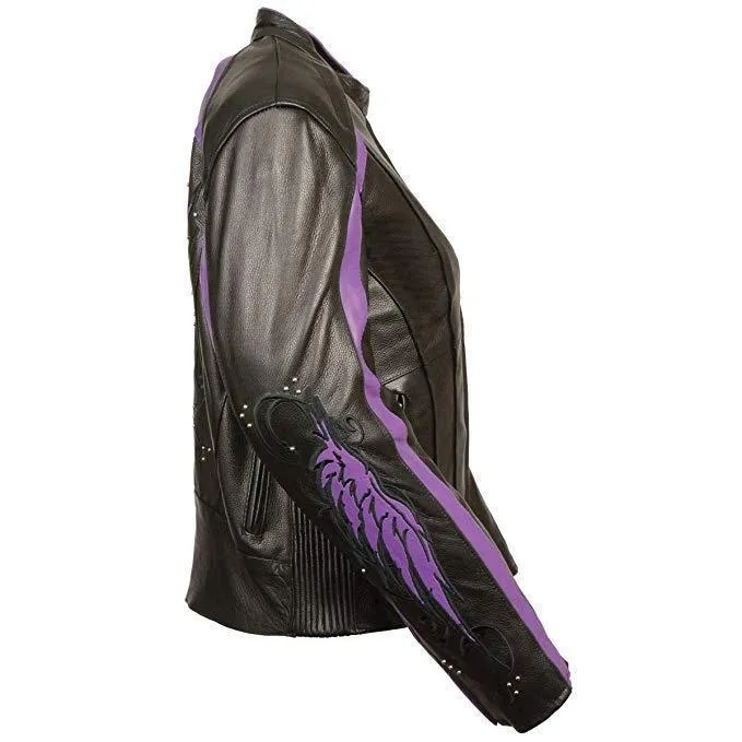 Milwaukee Leather Women's Embroidered Wing and Stud Design Black/Purple Leather Scooter Jacket with Gun Pocket