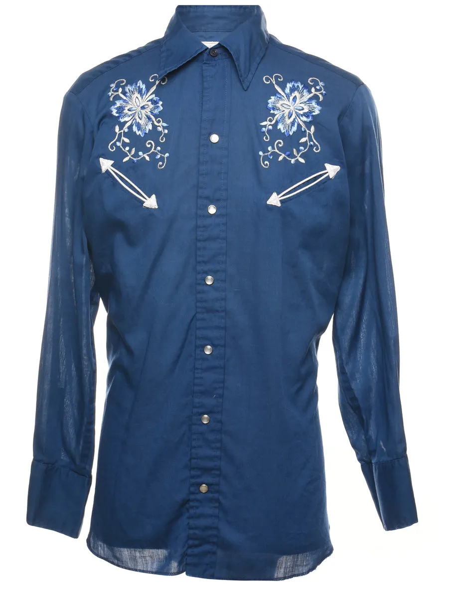 Navy & White Embroidered Western Shirt - L