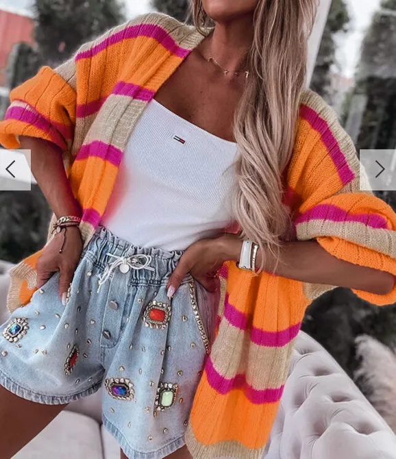 Orange Stripe  Ribbed Cardigan