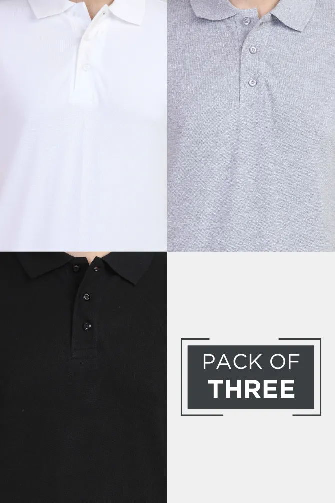 Pack Of 3 Polo T-Shirts White Black and Grey Melange for Men