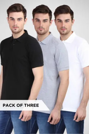 Pack Of 3 Polo T-Shirts White Black and Grey Melange for Men