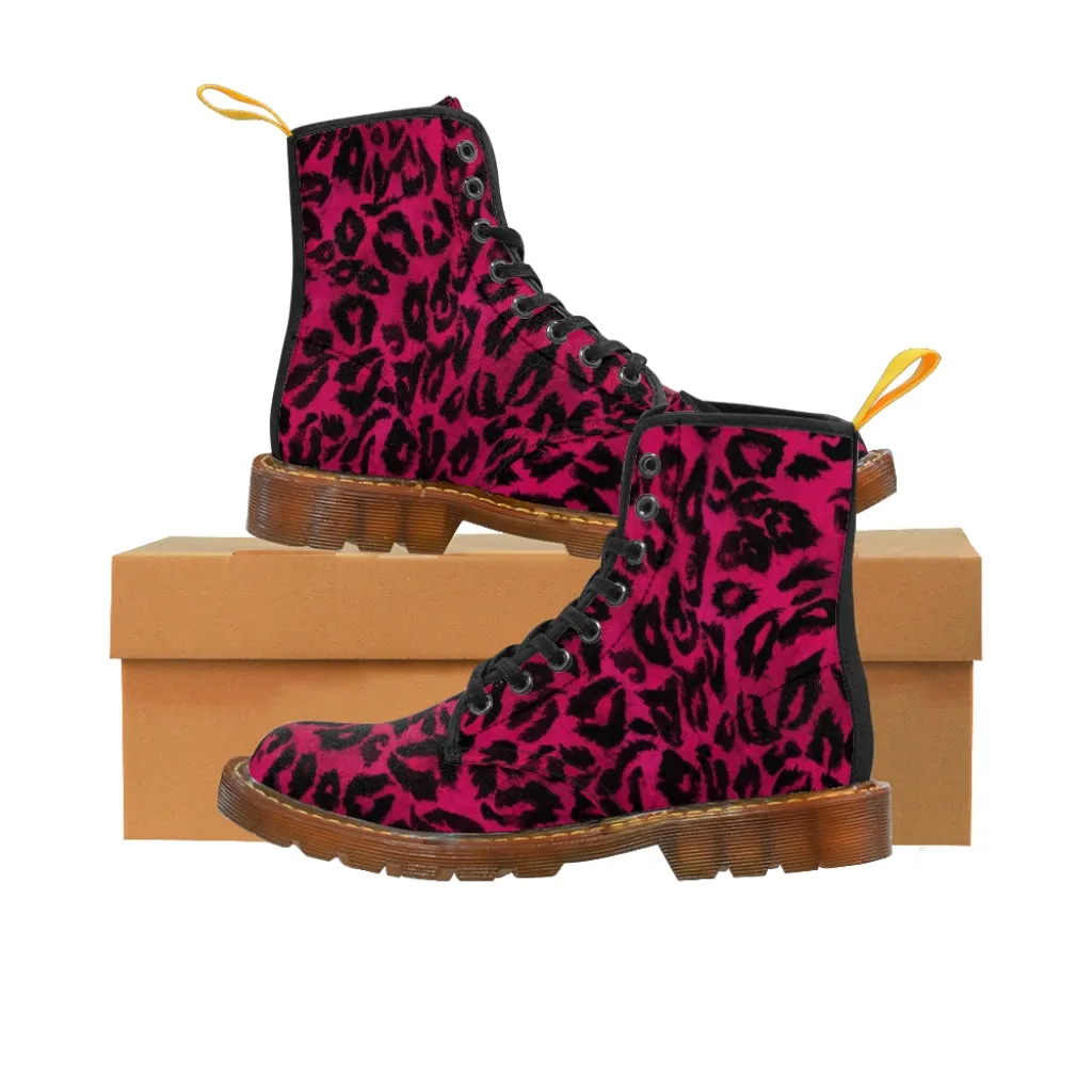 Pink Leopard Print Men Hiker Boots, Designer Men's Canvas Laced Up Hunting Water Resistant Boots