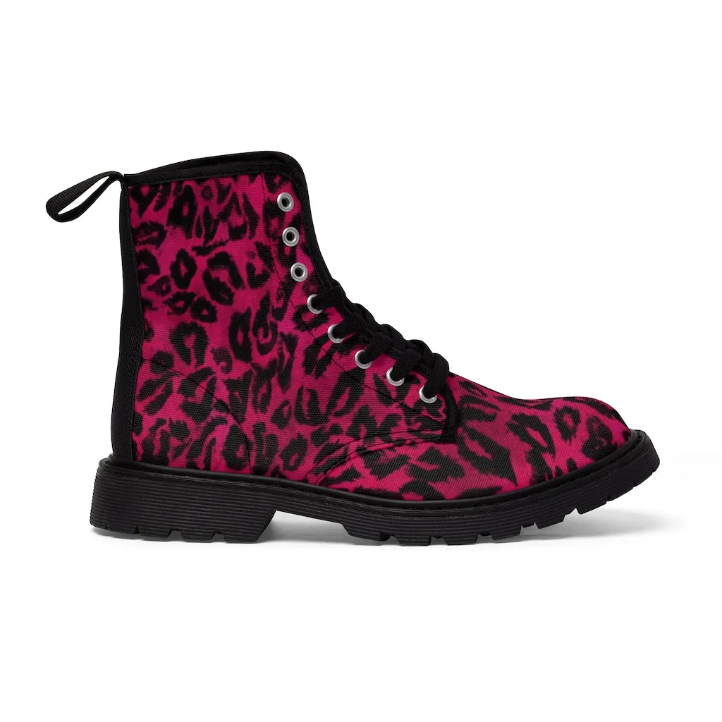 Pink Leopard Print Men Hiker Boots, Designer Men's Canvas Laced Up Hunting Water Resistant Boots