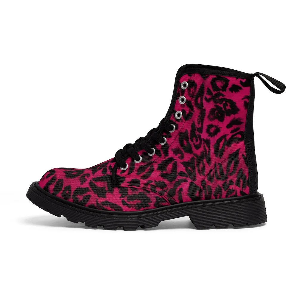 Pink Leopard Print Men Hiker Boots, Designer Men's Canvas Laced Up Hunting Water Resistant Boots