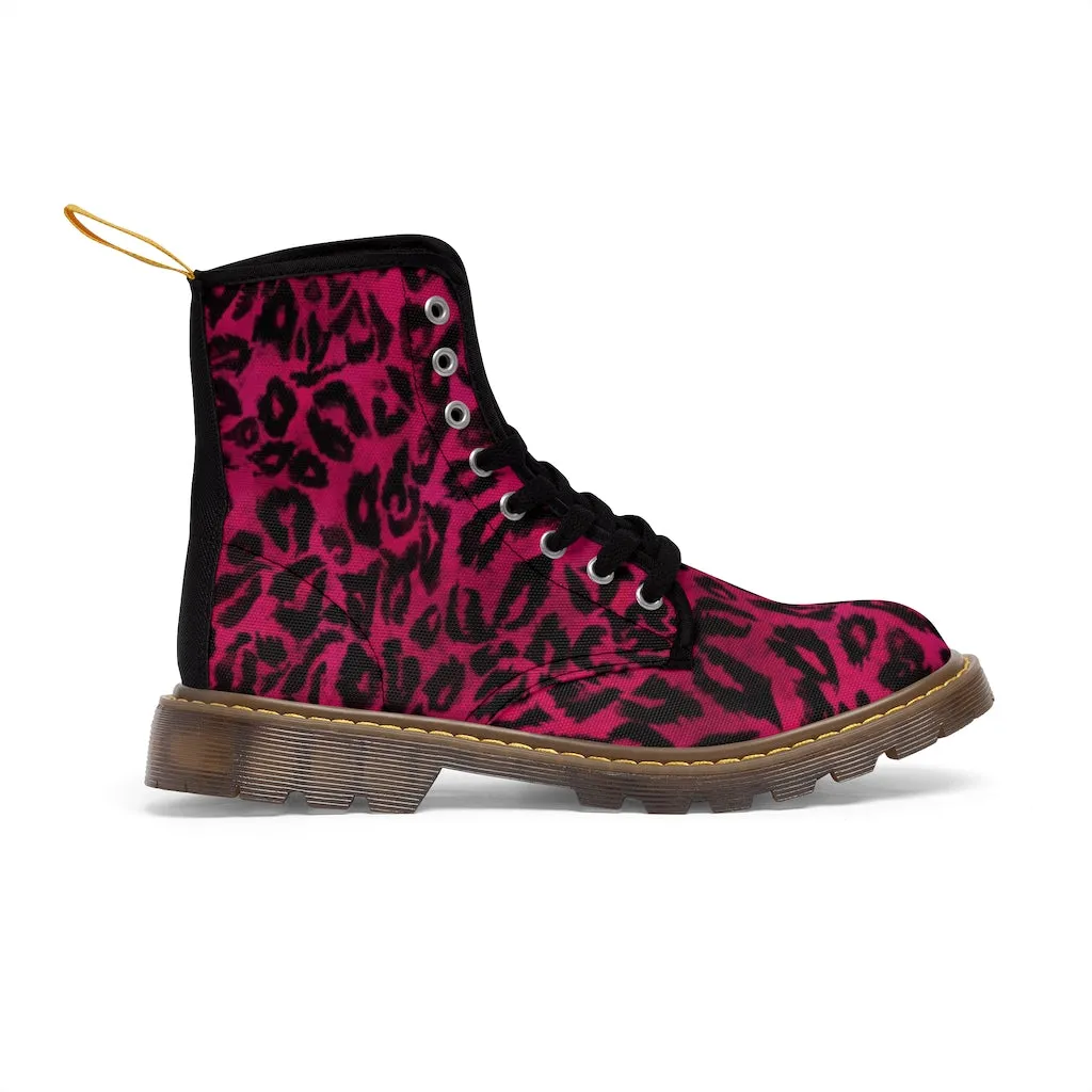 Pink Leopard Print Men Hiker Boots, Designer Men's Canvas Laced Up Hunting Water Resistant Boots