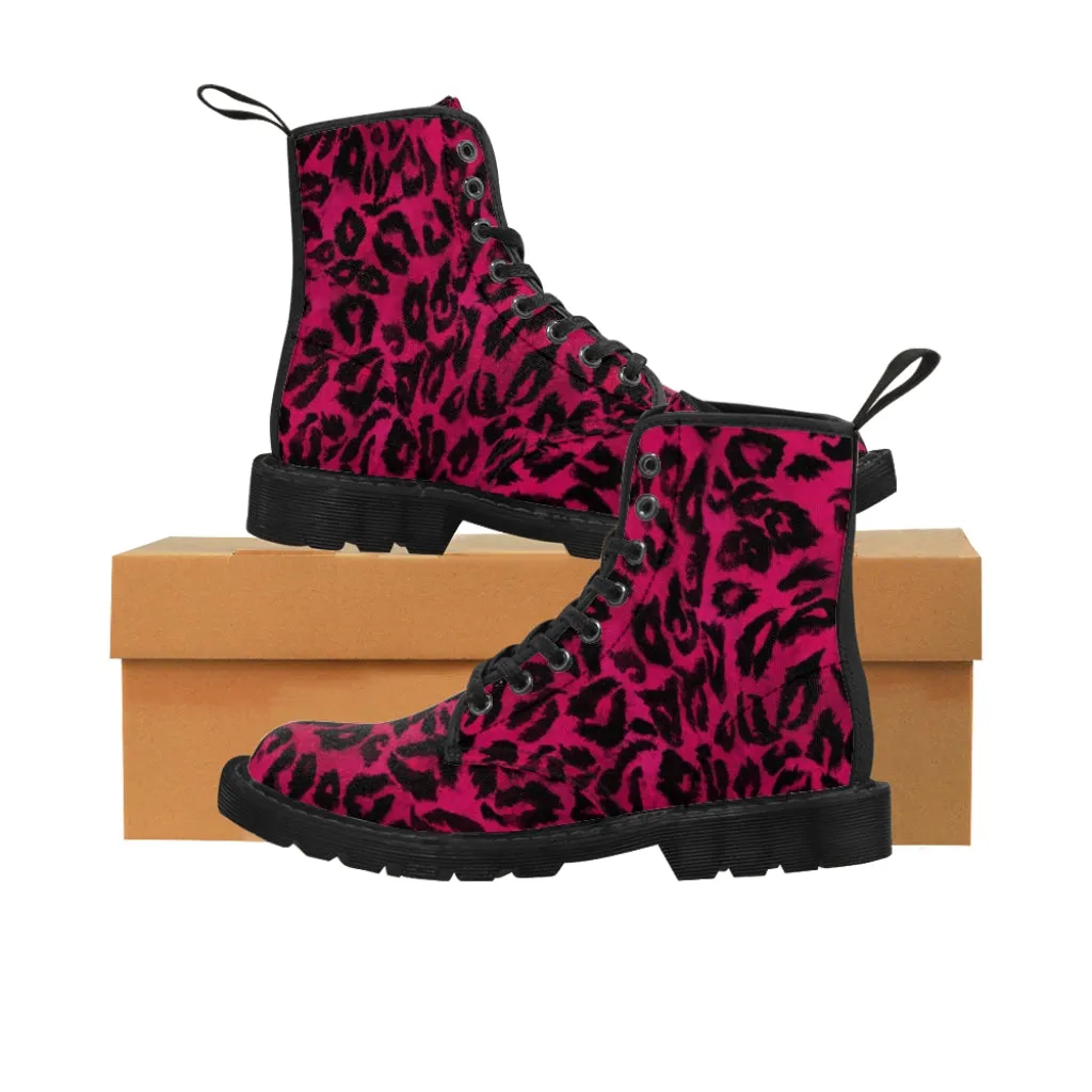 Pink Leopard Print Men Hiker Boots, Designer Men's Canvas Laced Up Hunting Water Resistant Boots