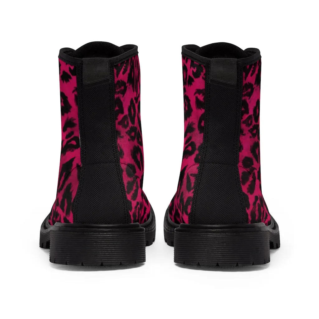 Pink Leopard Print Men Hiker Boots, Designer Men's Canvas Laced Up Hunting Water Resistant Boots