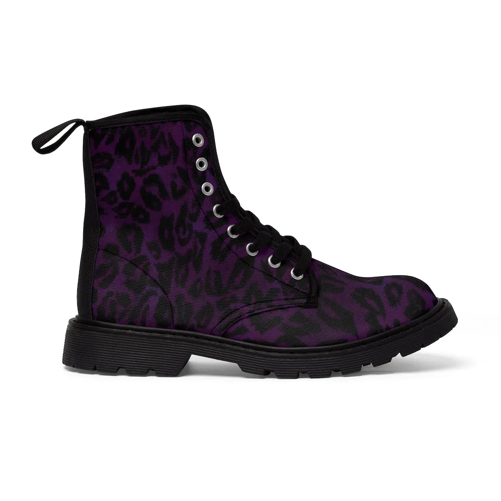 Purple Leopard Men Hiker Boots, Designer Animal Print Best Laced Up Men's Canvas Boots (US Size: 7-10.5)